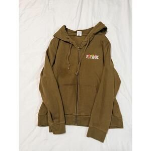 PINK VS Womens Full Zip Up Hoodie Olive Army Green with Flowers XL